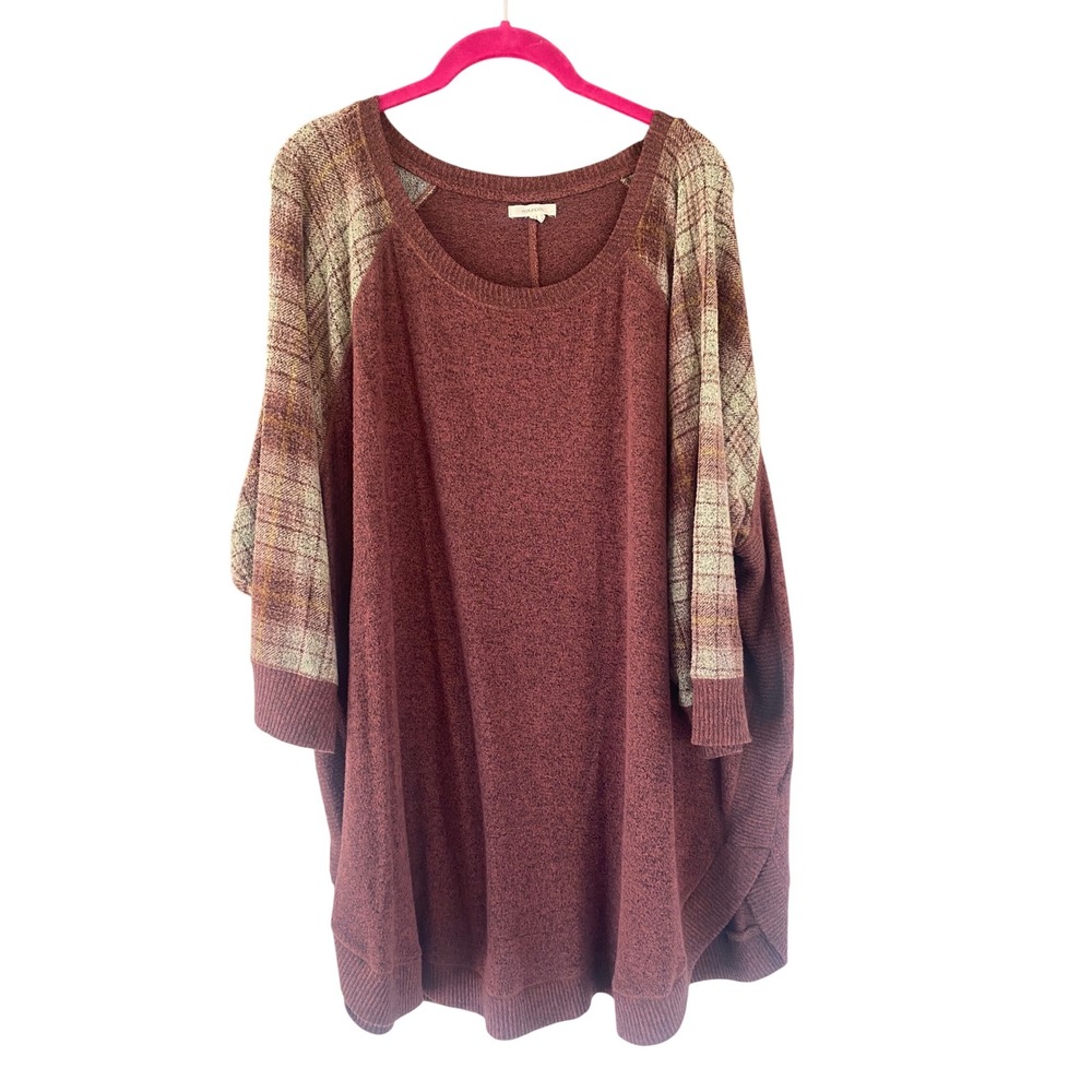 Maurices 2X Pullover Top Plaid Raglan Sleeve Knit Tunic Maroon Oversized Blouse
